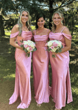 Angela | Sheath Corset Peach Satin Maxi Bridesmaid Dress with Slit and Off the Shoulder - Peach - PROMDRESS Club