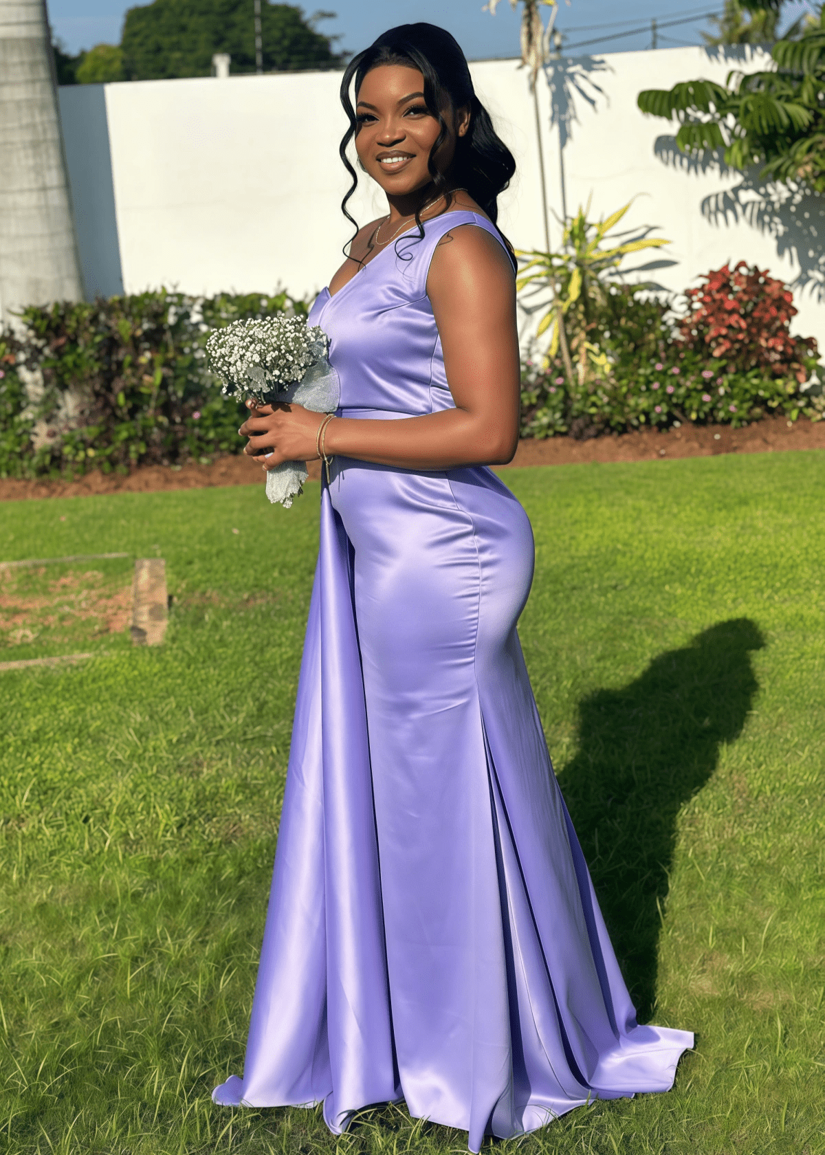 Annabelle | Mermaid Belt Stretch Lavender Satin Maxi Bridesmaid Dress with One Shoulder - Lavender - PROMDRESS Club