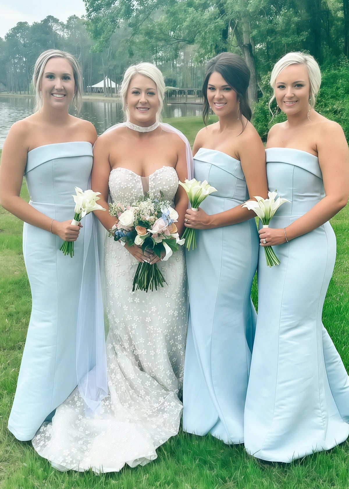 Antonia | Sheath Stretch Strapless Aqua Blue Satin Maxi Bridesmaid Dress with Fold - Aqua - PROMDRESS Club