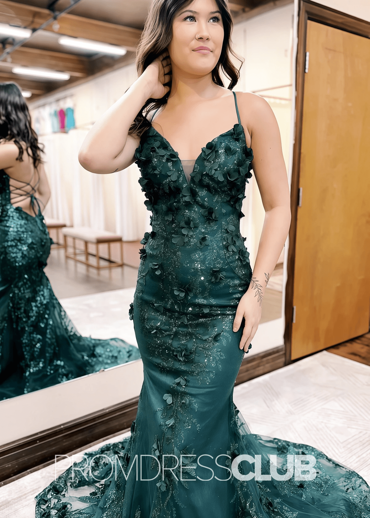 April |Dark Green Prom Dresses Long Trumpet Spaghetti Straps Lace Up With Sequin - Dark Green - PromDressClub