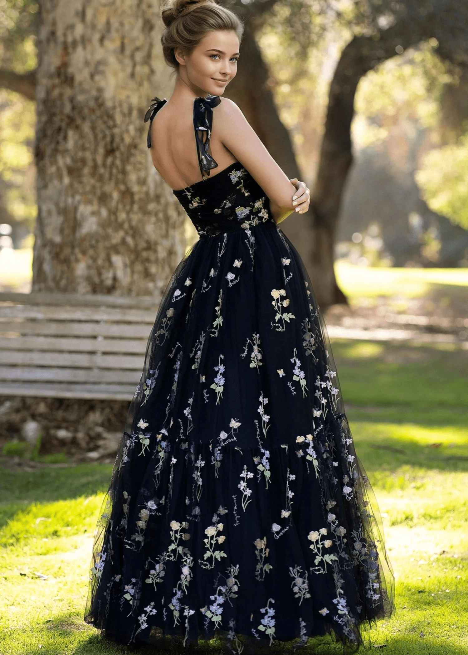 Athena |Sweetheart Neck A - Line Floor Length Tulle Embroidery Black Long Prom Dress With Floral - Black - US0 - PromDressClub