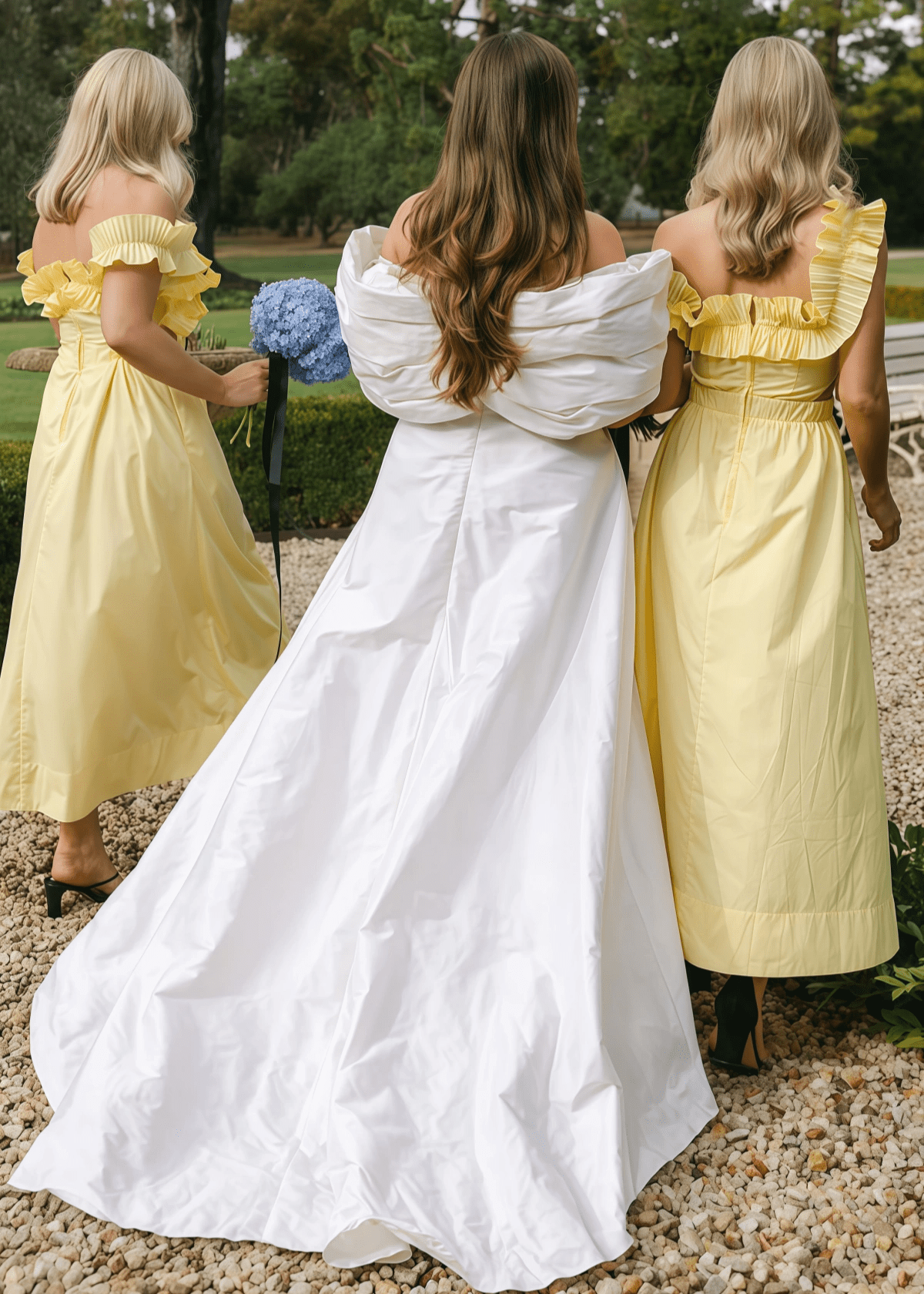 Barbara | Chic A - Line Ruffles Backless Pale Yellow Satin Maxi Bridesmaid Dress with Off the Shoulder - Pale Yellow - PROMDRESS Club