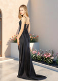 Eliy | Sheath Lace Appliques Satin Corser Black Formal Dress with Slit