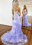 Bella |Lilac Prom Dress Long Mermaid Sparkly One Shoulder Appliques With Slit - Lilac - PromDressClub