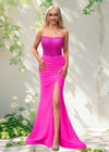 Bella | Mermaid Fuchsia Pleated Strapless Corset Beaded Formal Dress with Slit Color Fuchsia