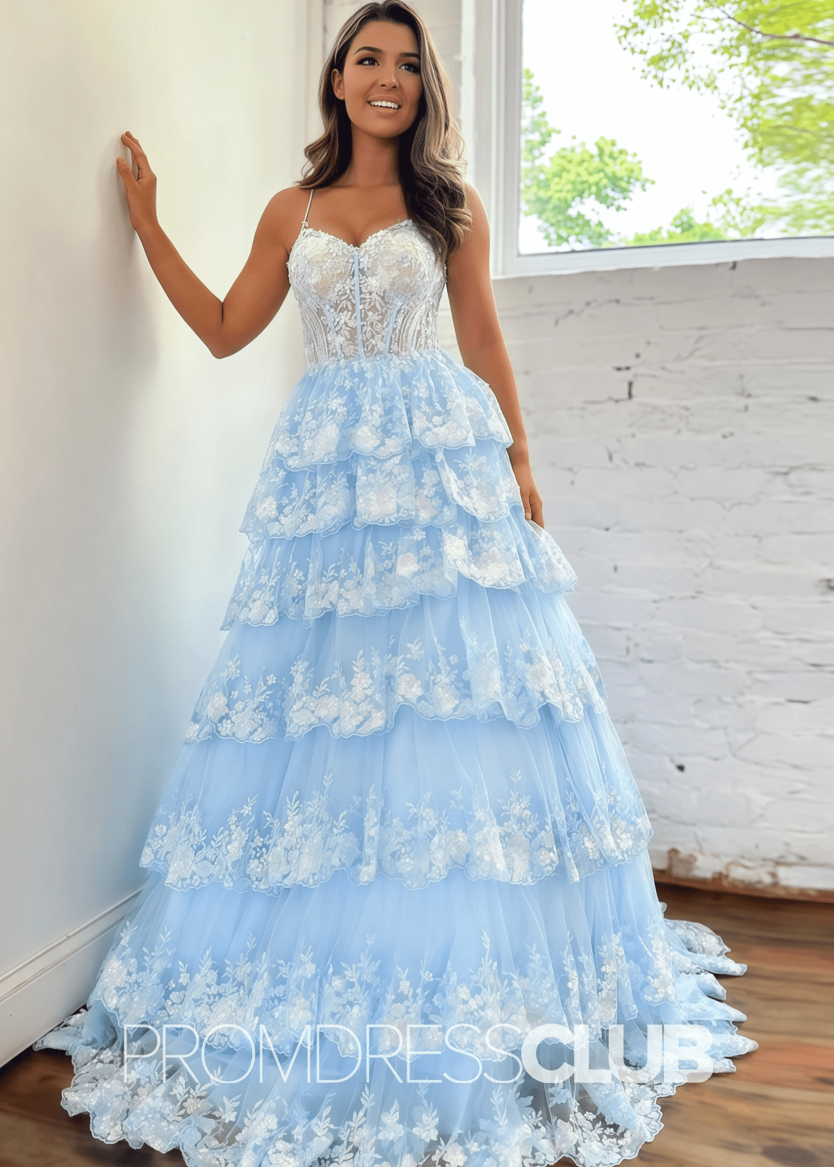 Bernice |Long Sky Blue Prom Dresses Princess Ball Gown Spaghetti Straps With Appliques - Sky Blue - PromDressClub