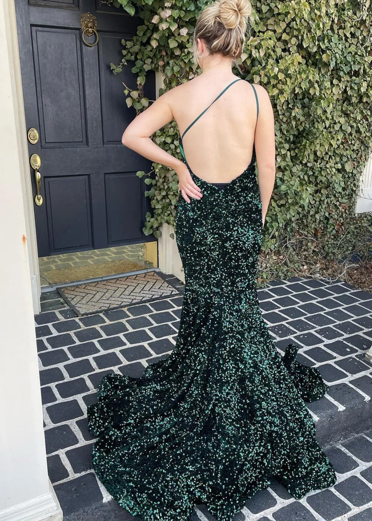 Bernice | Mermaid Long Pink Prom Dresses With Sequins One Shoulder - Dark Green - US0 - PromDressClub