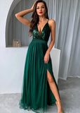 Beverly | A Line Long Green Prom Dress WithV - neck Sequin Slit - Green - US0 - PromDressClub