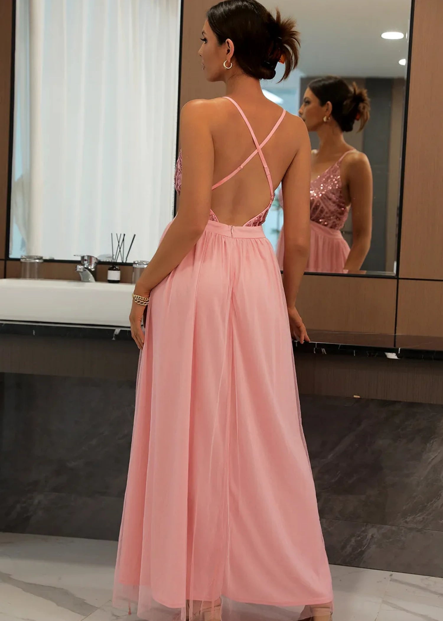 Beverly | A Line Long Green Prom Dress WithV - neck Sequin Slit - Pink - US0 - PromDressClub