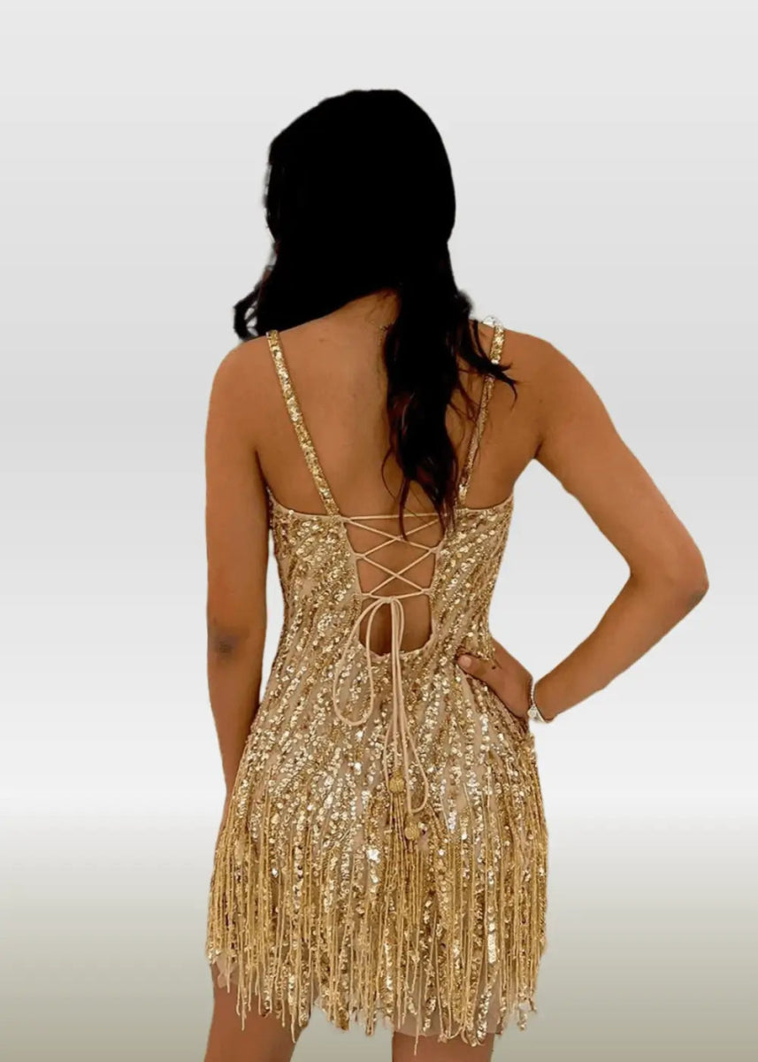 Natalie |Bodycon Sparkly Sheath Open Back Spaghetti Corset Dress Straps Gold Short Homecoming Dress with Tassel - Gold - US0 - PromDressClub