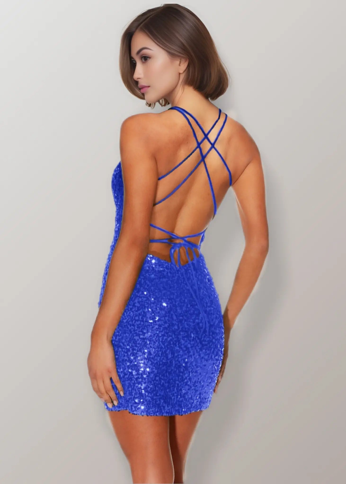 Monica |Bodycon Straight Plunging Neckline Strappy Back Sequin Mini Green Short Homecoming Dress With Sparkly - Royal Blue - US0 - PromDressClub