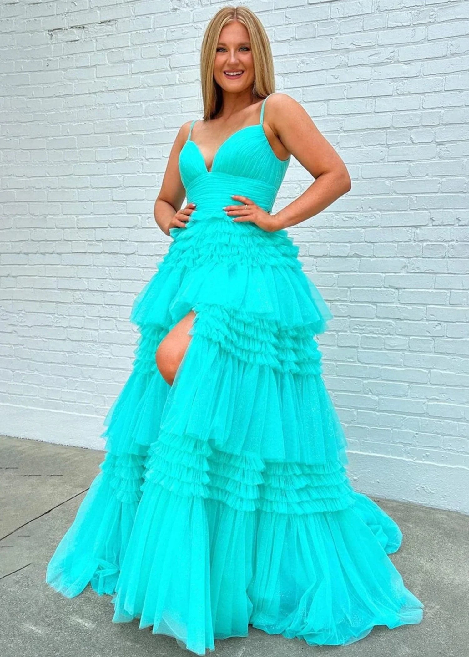 Bridget |A - Line Sweetheart Spaghetti StrapsTiered Tulle Long Black Prom Dress With Split - Aqua - US0 - PromDressClub