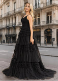 Bridget |A - Line Sweetheart Spaghetti StrapsTiered Tulle Long Black Prom Dress With Split - Black - US0 - PromDressClub