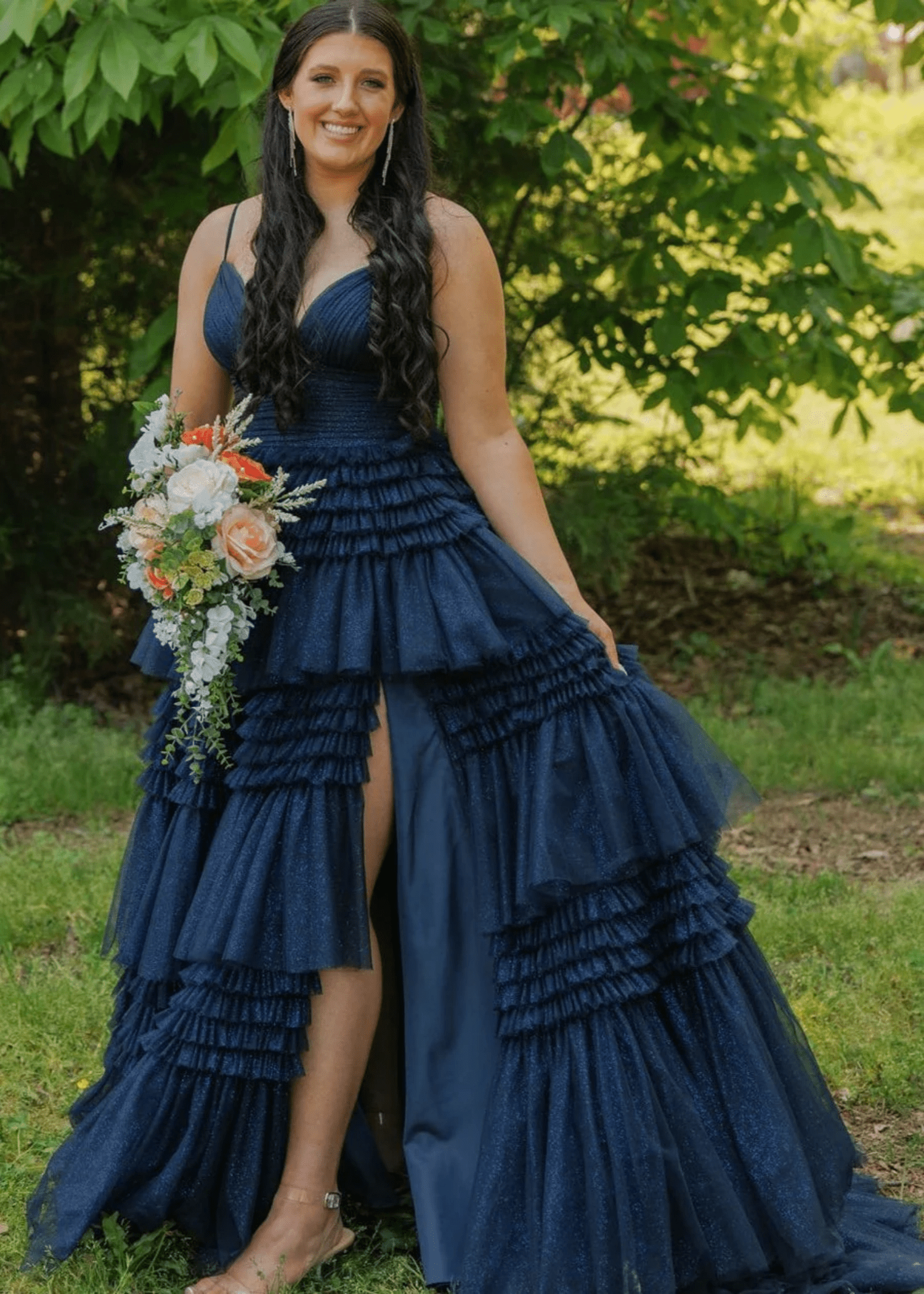 Bridget |A - Line Sweetheart Spaghetti StrapsTiered Tulle Long Black Prom Dress With Split - Navy Blue - US0 - PromDressClub