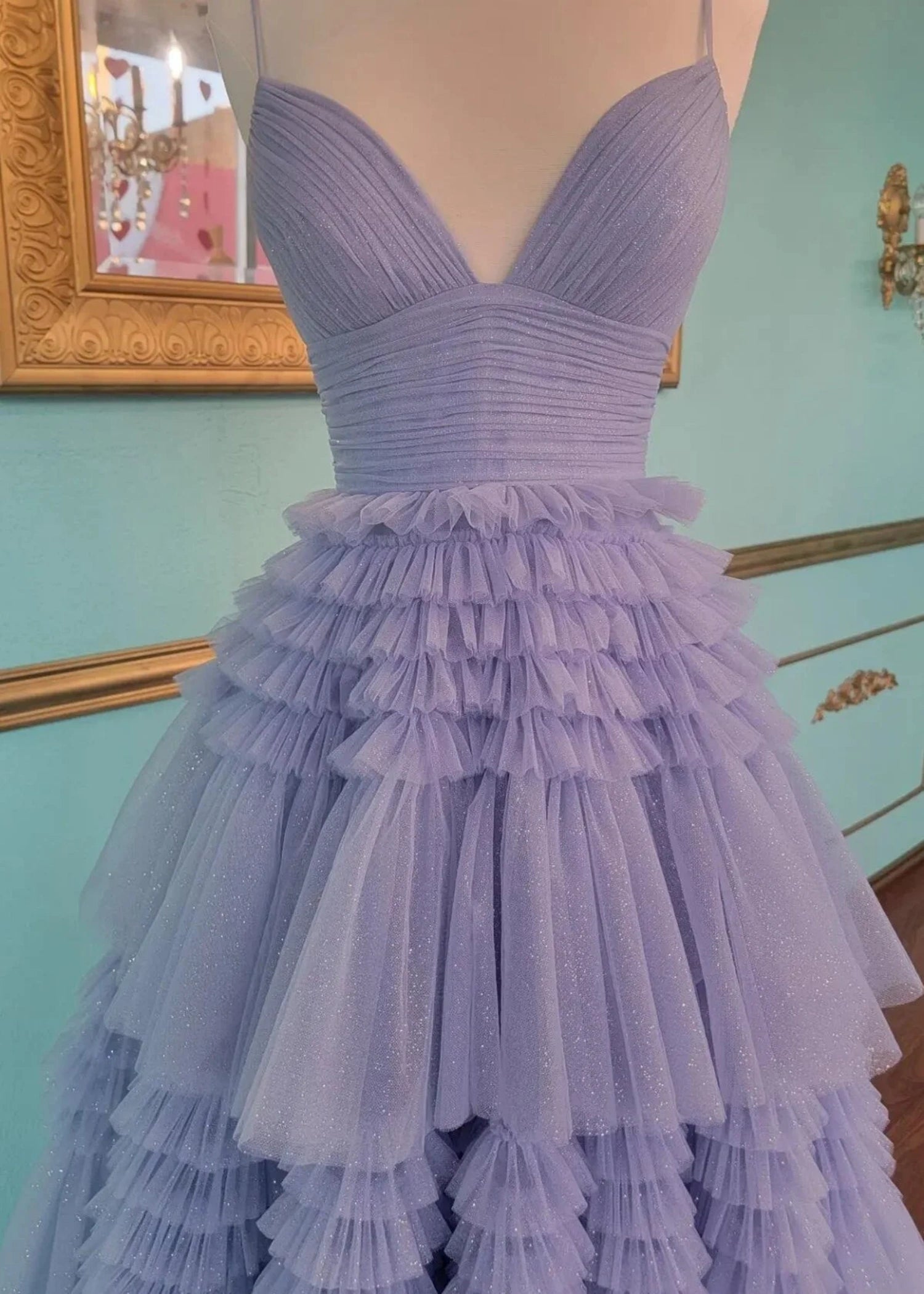 Bridget |A - Line Sweetheart Spaghetti StrapsTiered Tulle Long Black Prom Dress With Split - Periwinkle - US0 - PromDressClub