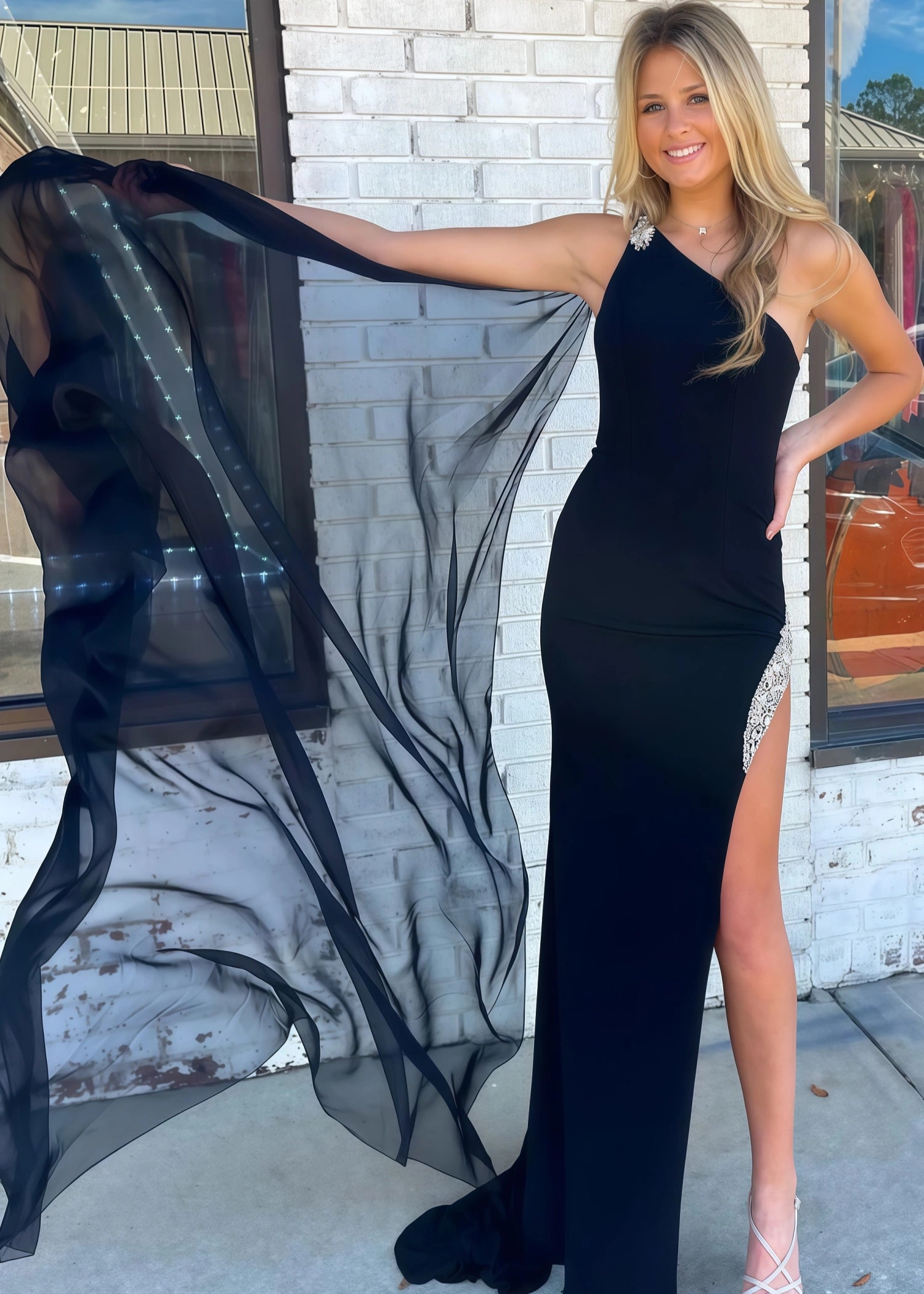 Blanche | Mermaid Long Black Prom Dress with One Shoulder Polyester Split Front