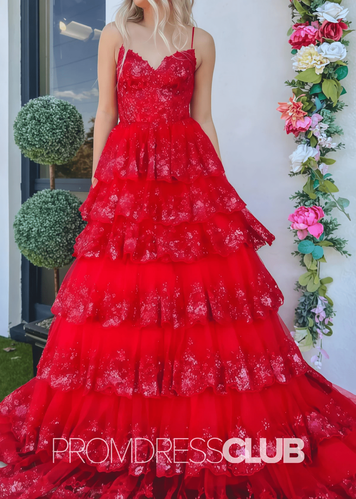 Carol |Red Dress Prom Long A - Line Spaghetti Straps Lace with Ruffles - Price #price_variant_lowest# - Red - PromDressClub