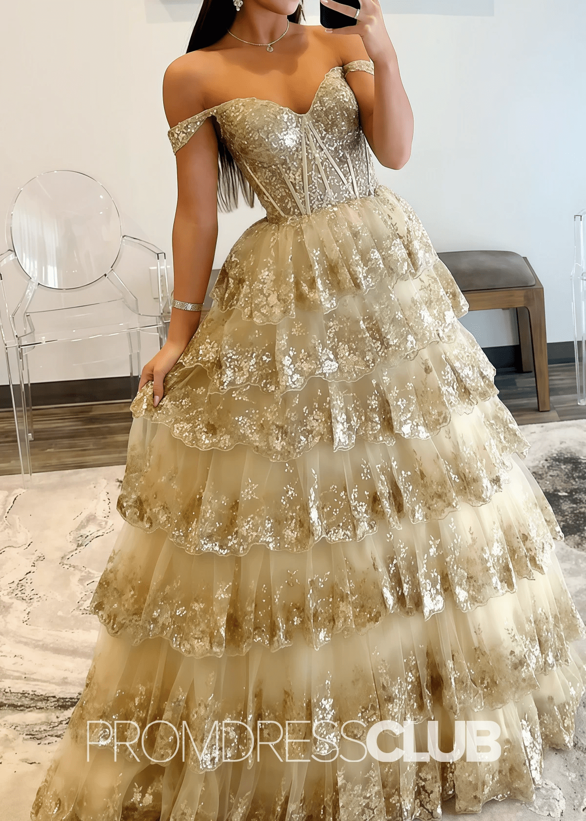 Catherine |Gold Sequin Prom Dress Long A - Line Off The Shoulder With Appliques - Gold - PromDressClub