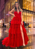 Cheryl |Deep V Neck Sweetheart Tiered Tulle Spaghetti Straps Red Long Prom Dress - Red - US0 - PromDressClub