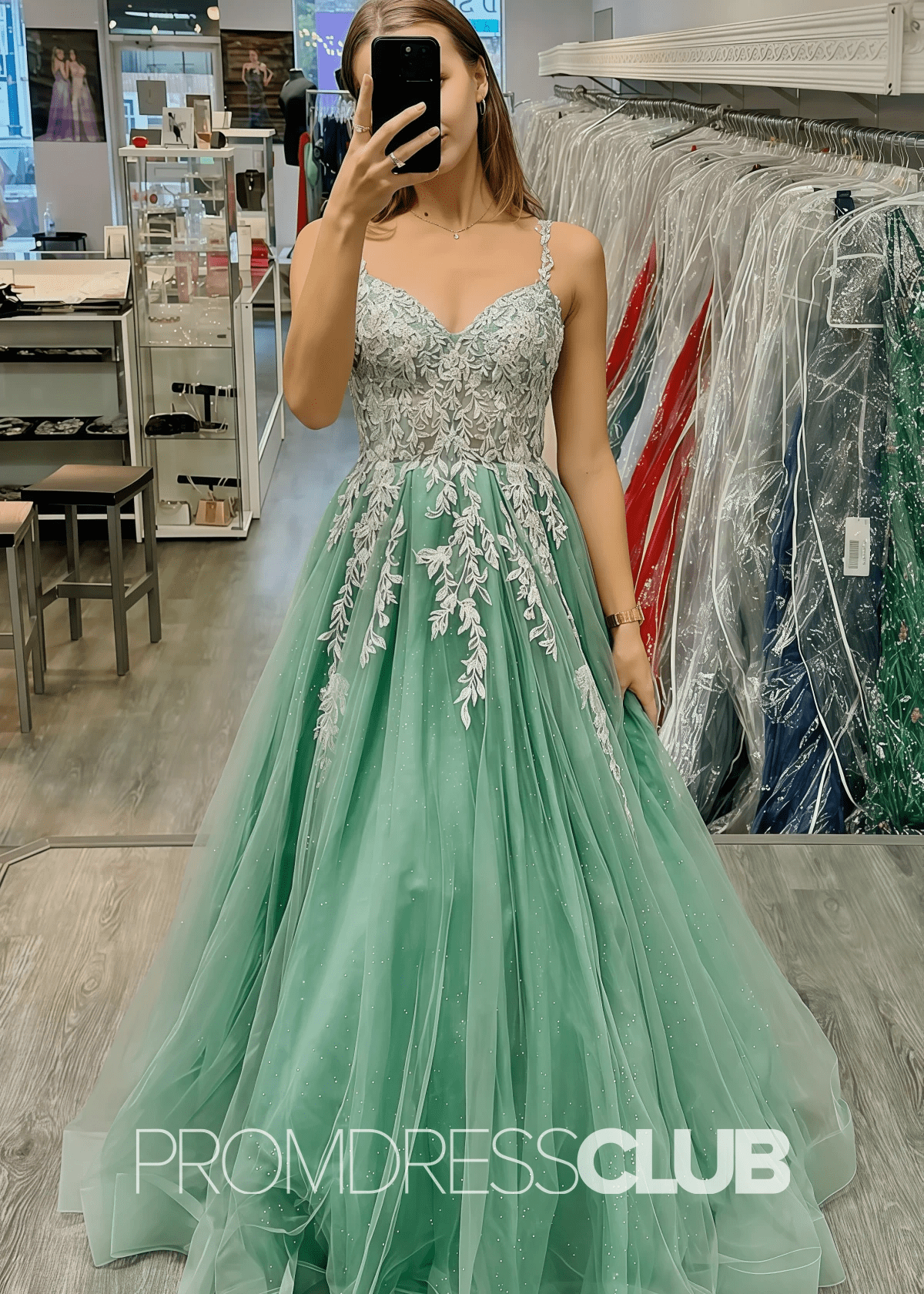 Cheryl |Sage Green Prom Dresses Long A Line Sparkly Spaghetti Straps with Appliques - Sage - PromDressClub