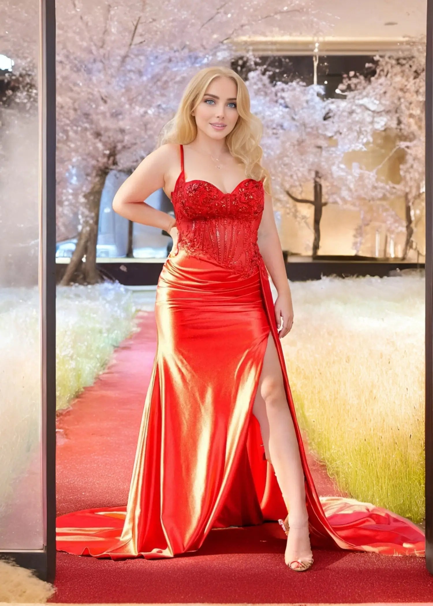 Christie |Trendy Mermaid Spaghetti Straps Plus Size Red Corset Long Prom Dress with Appliques - Red - US0 - PromDressClub