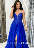 Christine |Royal Blue Prom Dresses Long A Line Sparkly Beaded Corset Tulle with Slit - Royal Blue - PromDressClub