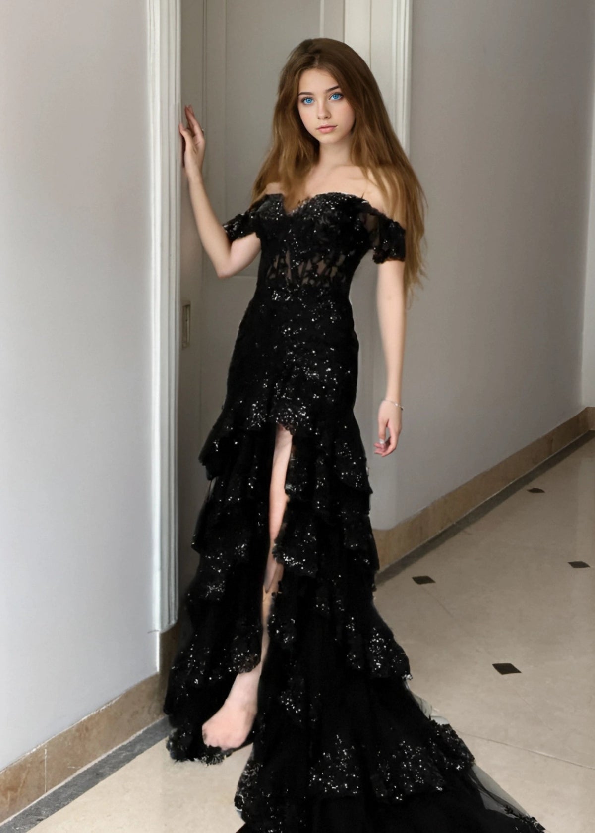 Arlene |Sheath Off the Shoulder Long Black Lace Prom Dress With Slit (Lace - up Back) - Black - US0 - PromDressClub