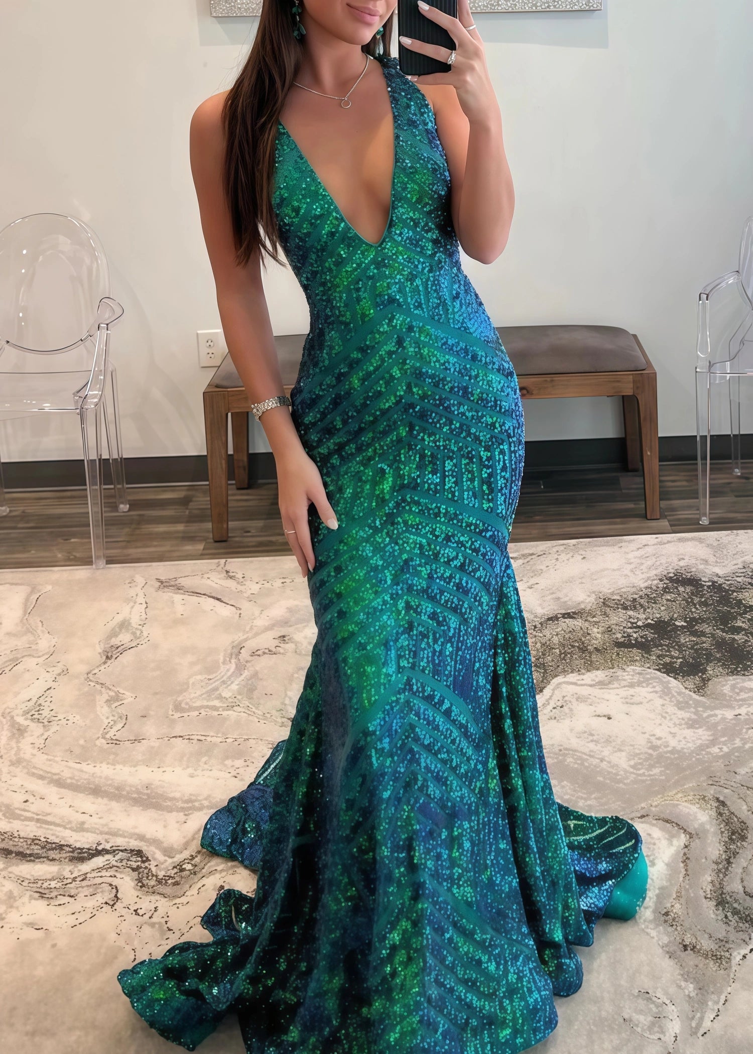 Claire |Mermaid Deep V Neck Green Sequins Long Prom Dress - Dark Green - US0 - PromDressClub