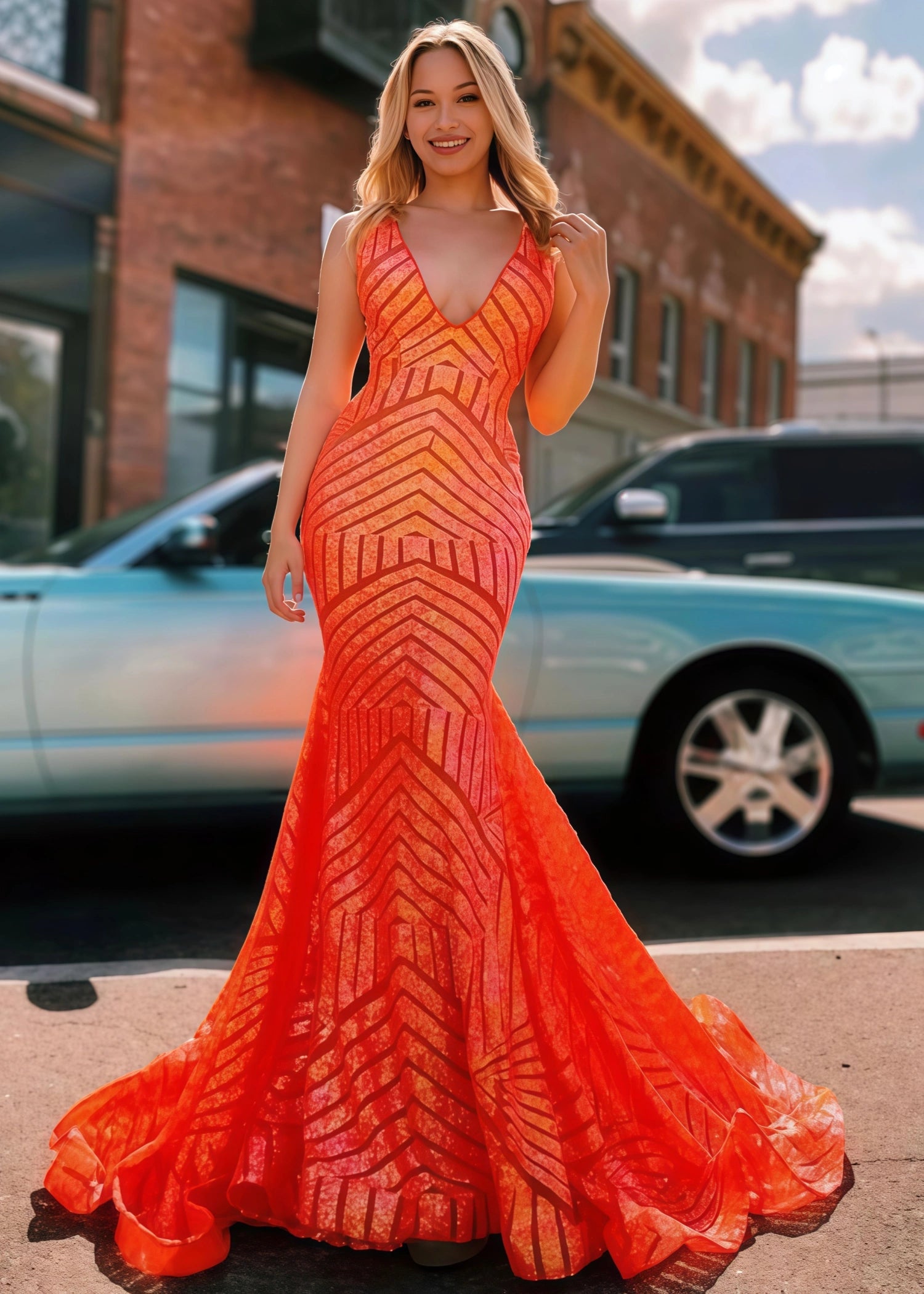 Claire |Mermaid Deep V Neck Green Sequins Long Prom Dress - Orange - US0 - PromDressClub