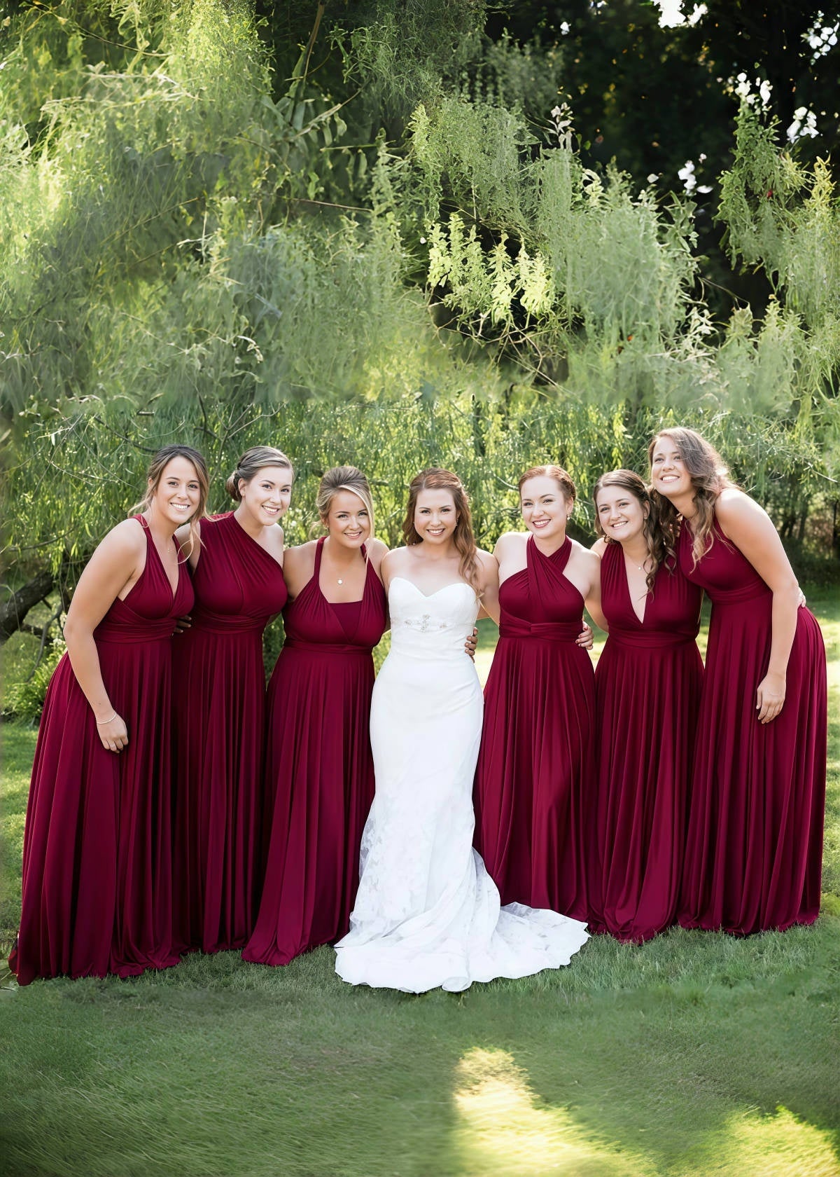 Clara | Blessed Romance Convertible Burgundy Chiffon Maxi Bridesmaid Dress with Multiway Infinity - Burgundy - PROMDRESS Club