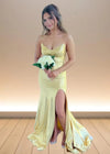 Clementine | Stunning Yellow Strapless Metallic Open Back Prom Dress with Slit Design Color Yellow