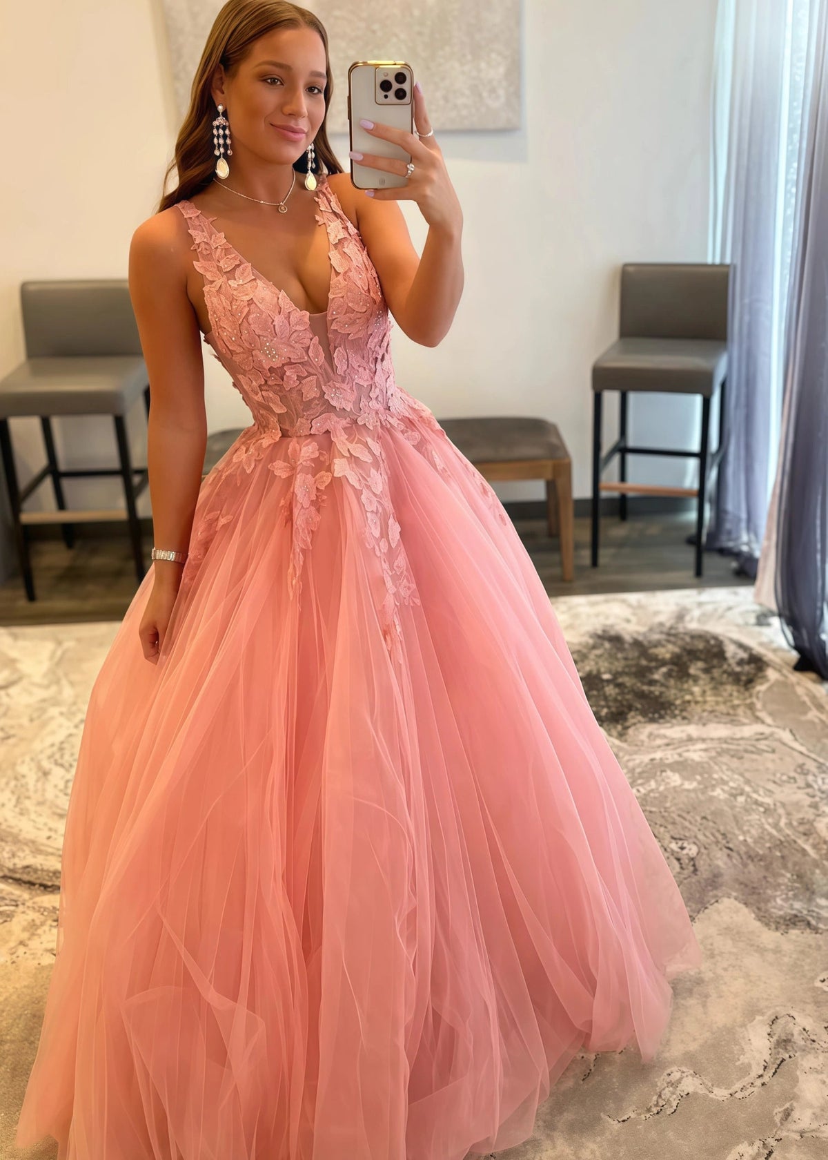 Constance |A Line V Neck Orange Princess Long Prom Dress with Appliques - Pink - US0 - PromDressClub