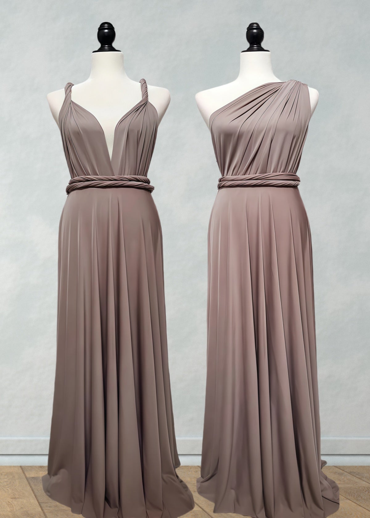 Coral | Ethereal Elegance Convertible Taupe Chiffon Maxi Bridesmaid Dress with Multiway Infinity - Taupe - PROMDRESS Club