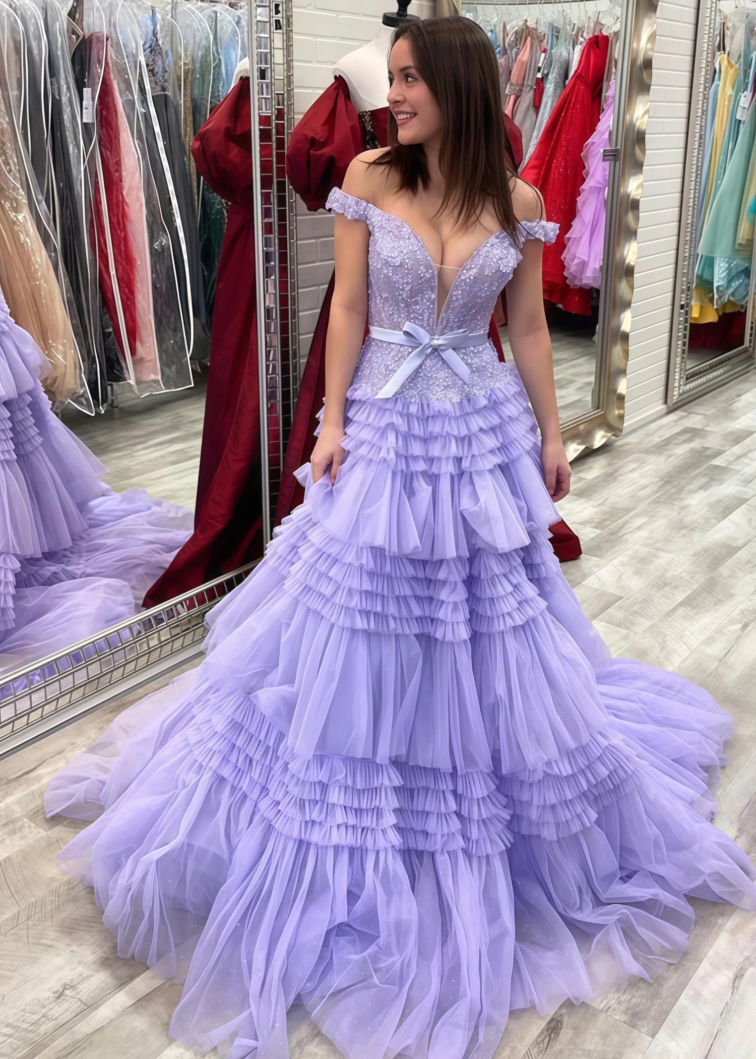 Cornelia | Long Light Pink Prom Dress Tulle With Princess A Line Off the Shoulder Ruffles - Lilac - US0 - PromDressClub