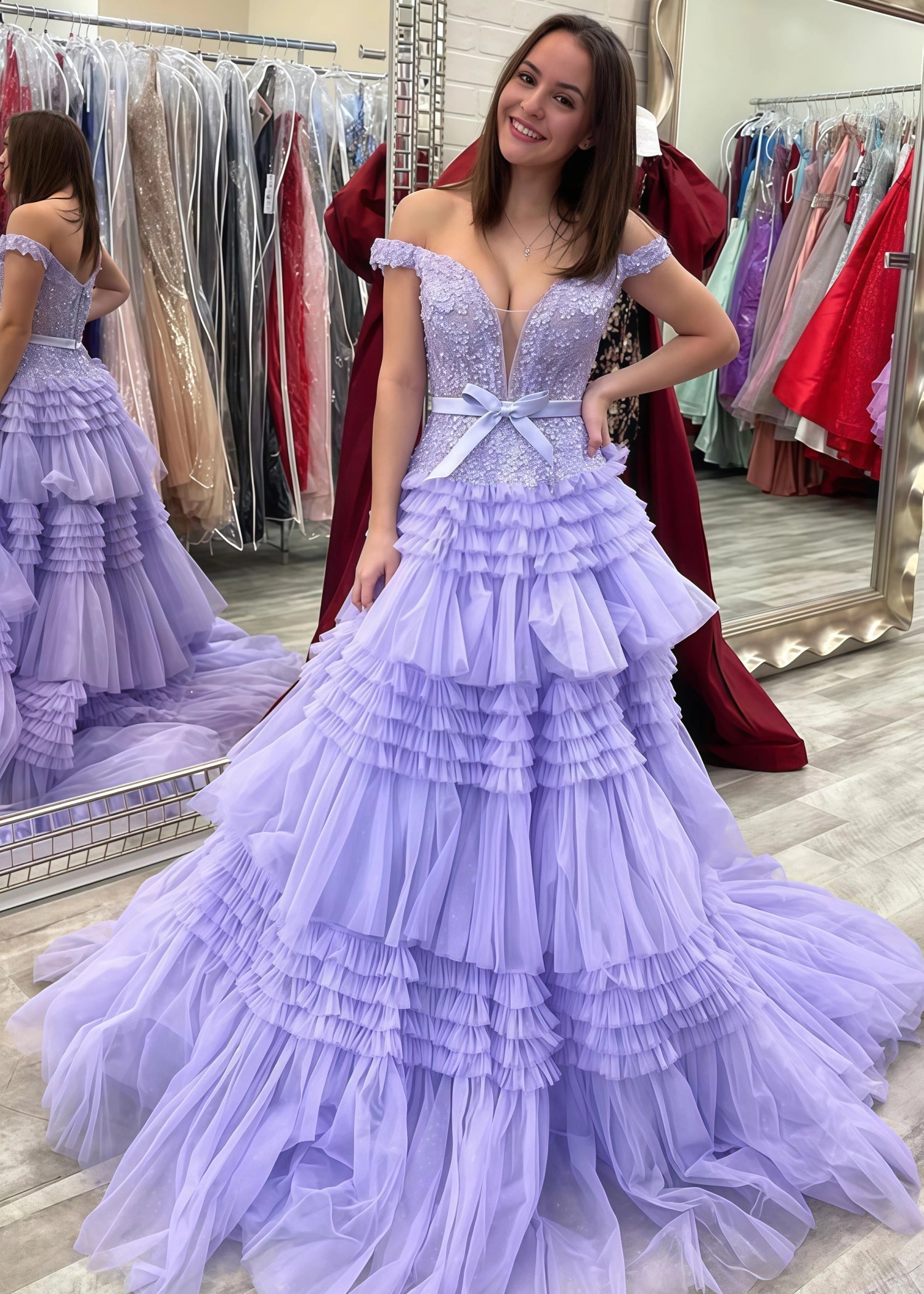 Cornelia | Long Light Pink Prom Dress Tulle With Princess A Line Off the Shoulder Ruffles - Lilac - US0 - PromDressClub