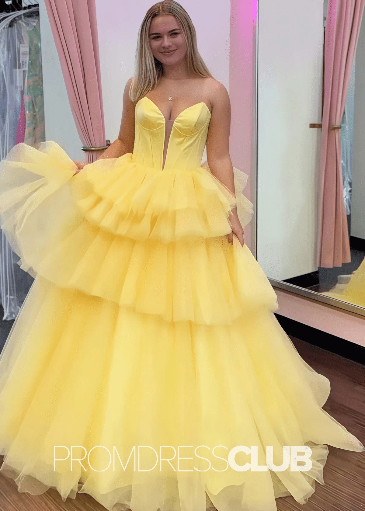 Crystal |Blue Prom Dresses Long Ball Gown Sweetheart Tulle Tiered Corset with Slit - Yellow - PromDressClub