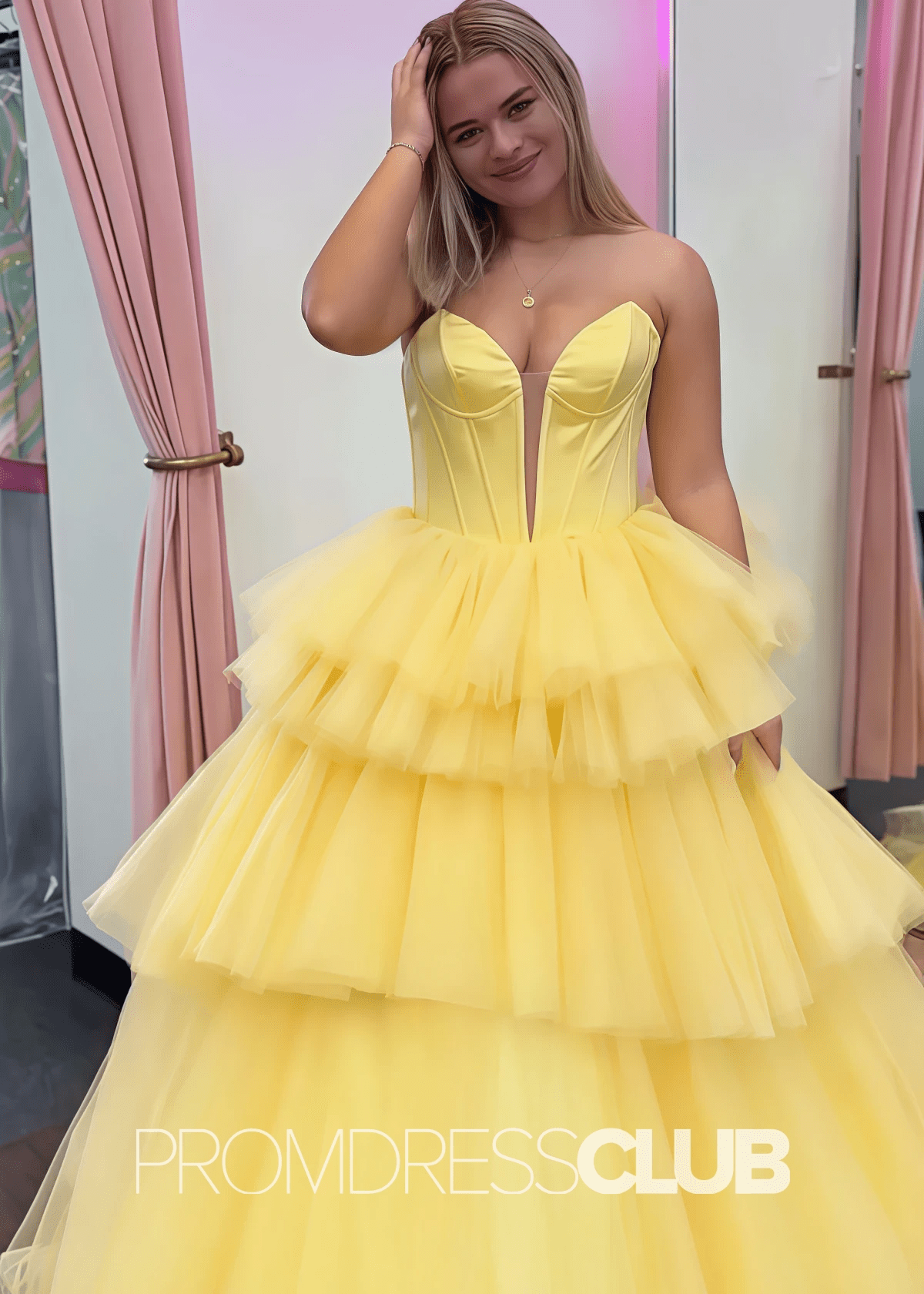 Crystal |Blue Prom Dresses Long Ball Gown Sweetheart Tulle Tiered Corset with Slit - Yellow - PromDressClub