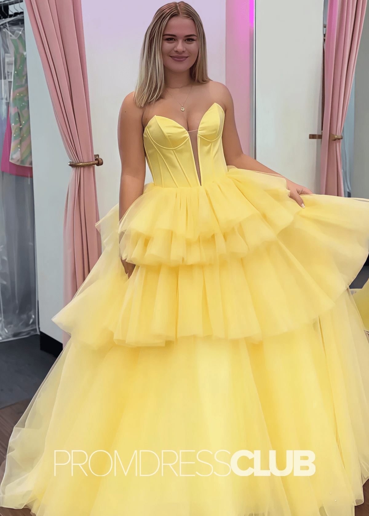 Crystal |Blue Prom Dresses Long Ball Gown Sweetheart Tulle Tiered Corset with Slit - Yellow - PromDressClub