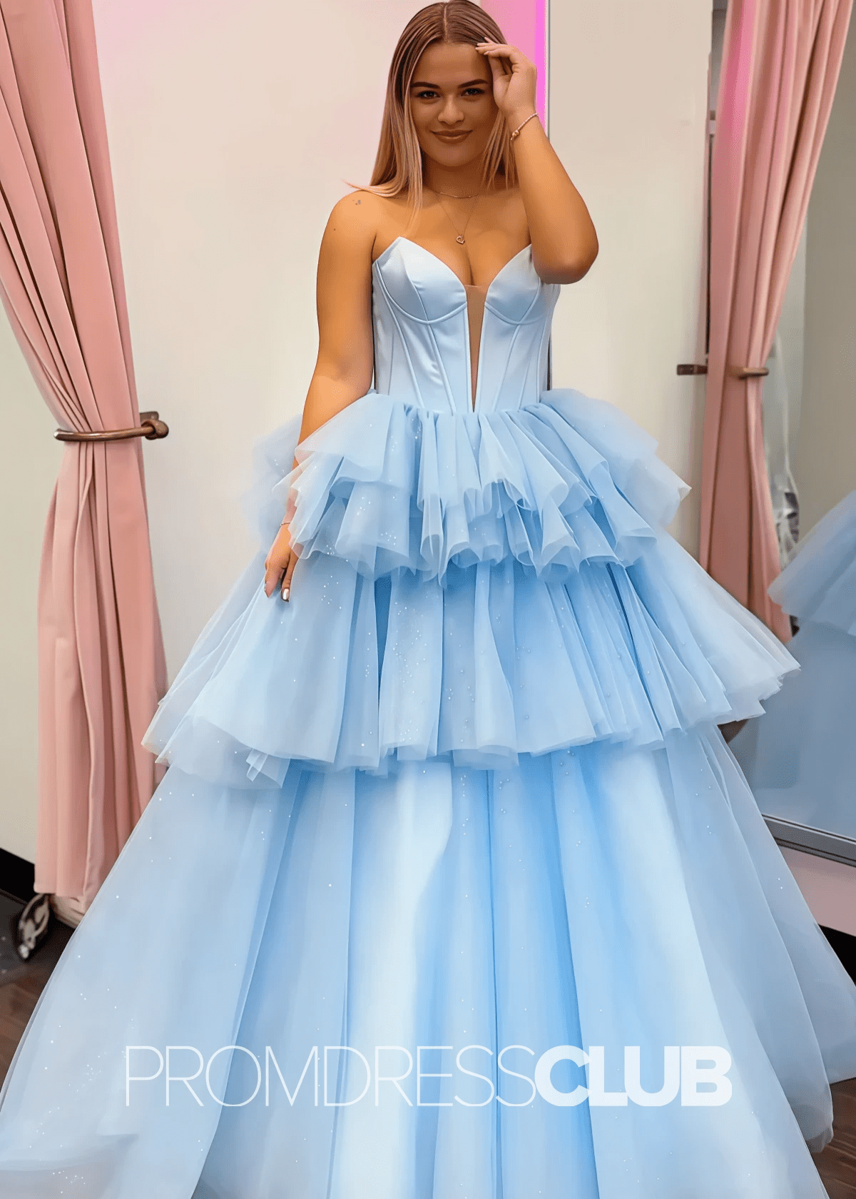 Crystal |Blue Prom Dresses Long Ball Gown Sweetheart Tulle Tiered Corset with Slit - Light Blue - PromDressClub