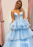 Crystal |Blue Prom Dresses Long Ball Gown Sweetheart Tulle Tiered Corset with Slit - Light Blue - PromDressClub