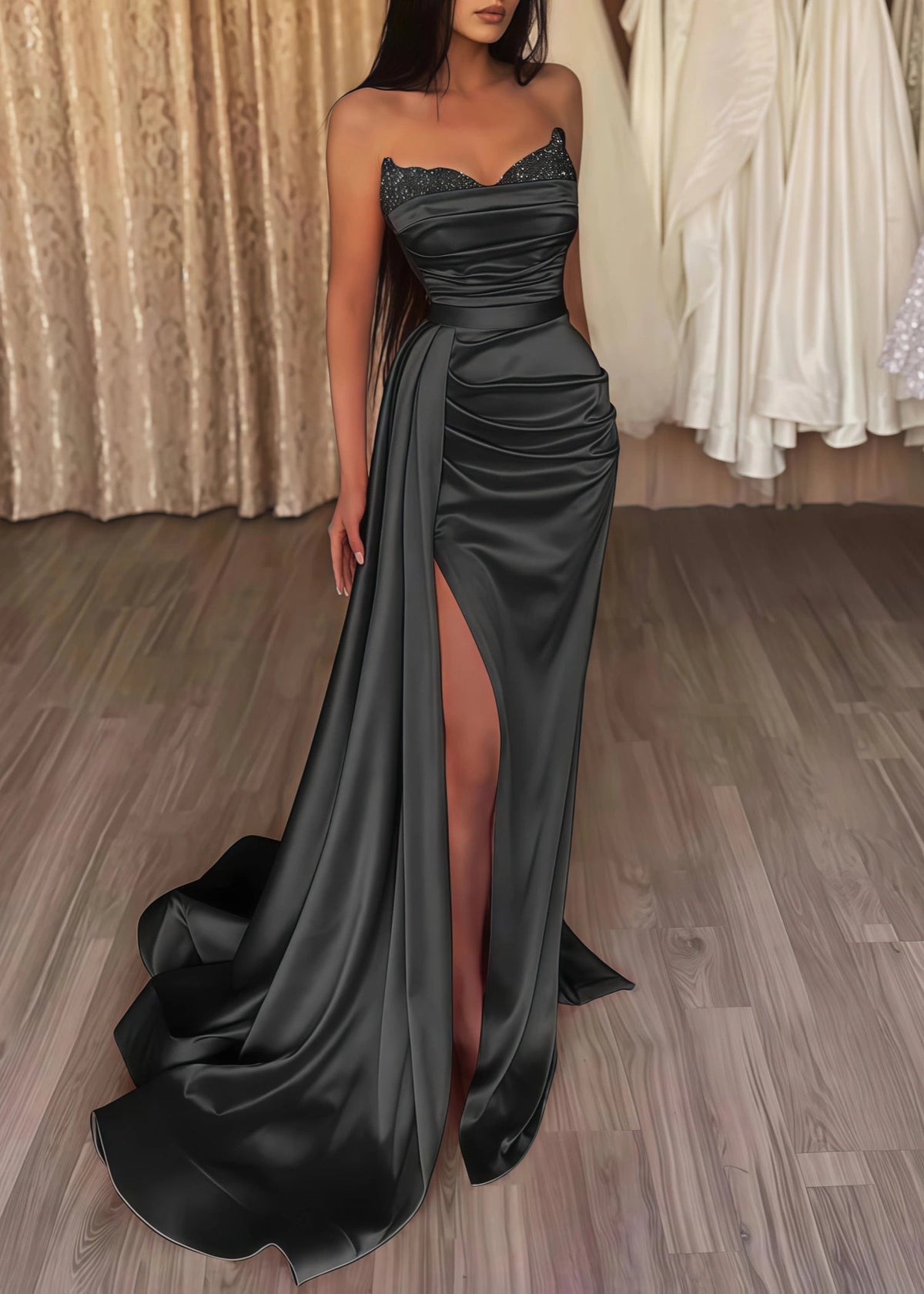 Crystal |Mermaid Evening Gown Sexy Dress Sleeveless Strapless Satin Prom Dress with Slit Pure Color - Black - US0 - PromDressClub