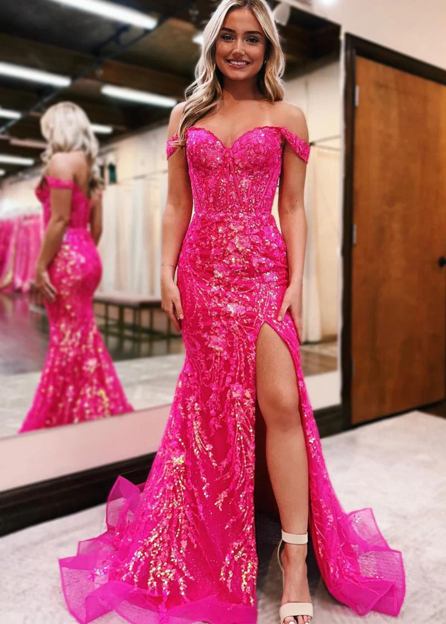 Cynthia |Mermaid Gold Sequin Lace Off the Shoulder Long Prom Dress With Slit - Fuchsia - US0 - PromDressClub