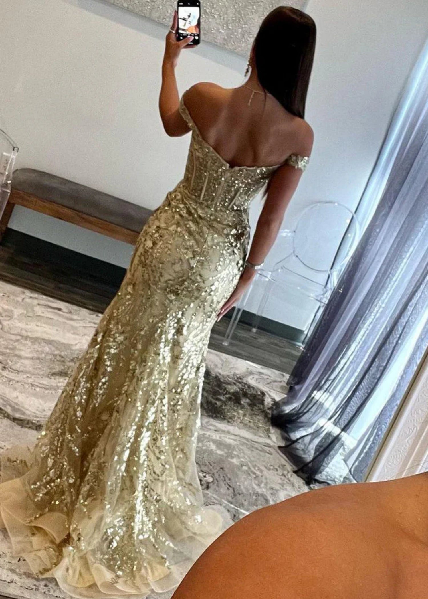 Cynthia |Mermaid Gold Sequin Lace Off the Shoulder Long Prom Dress With Slit - Gold - US0 - PromDressClub