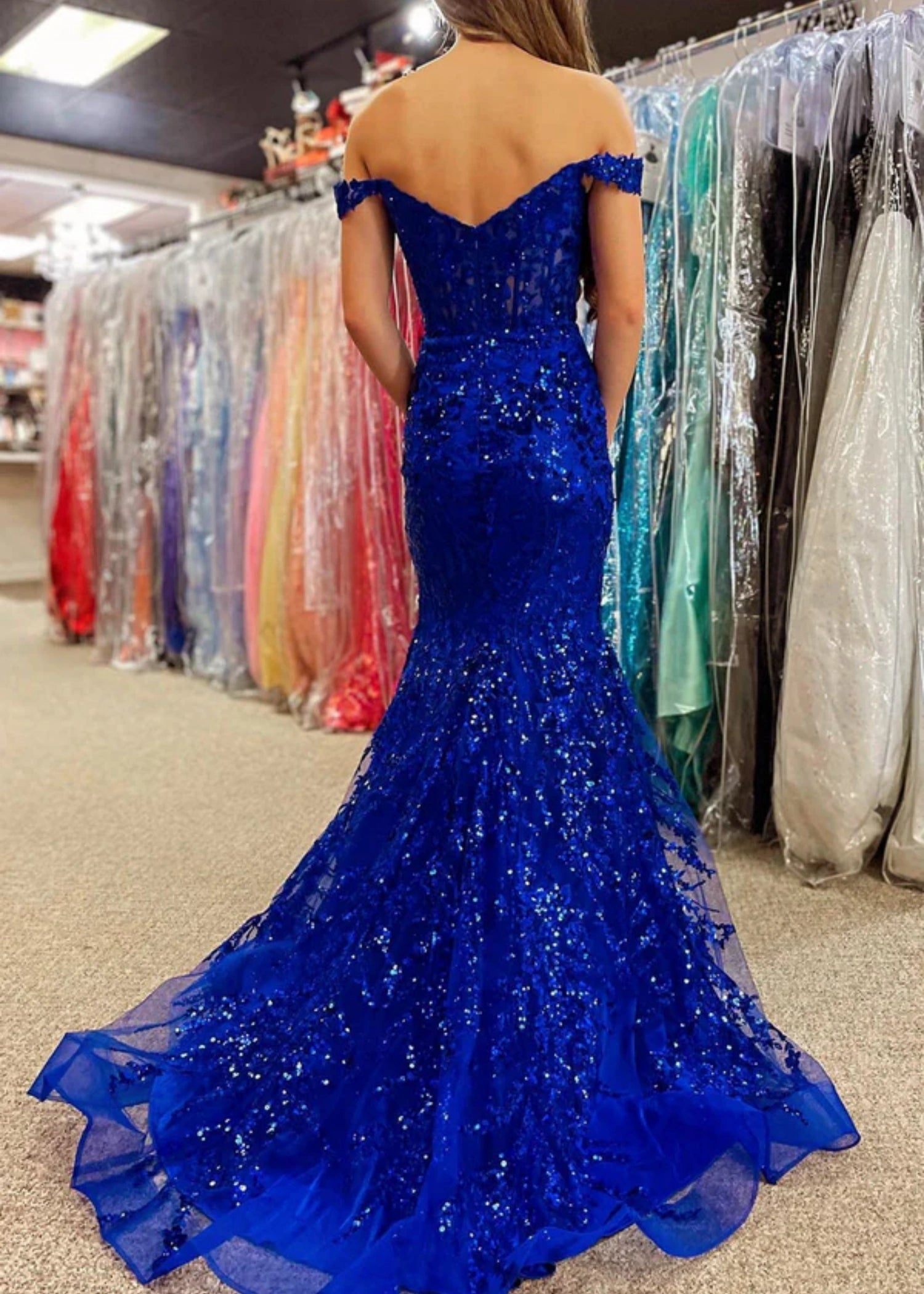 Cynthia |Mermaid Gold Sequin Lace Off the Shoulder Long Prom Dress With Slit - Royal Blue - US0 - PromDressClub