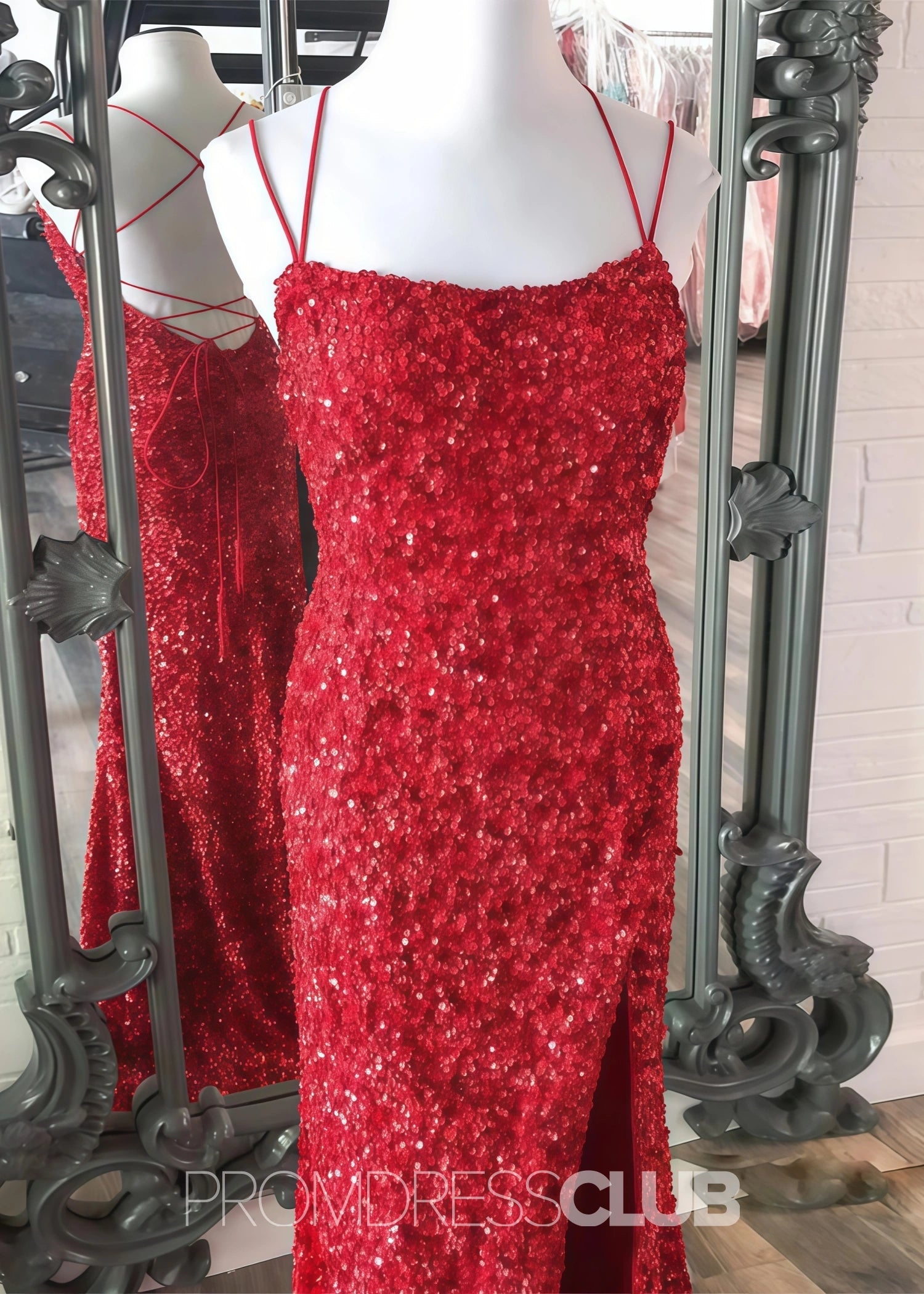 Deborah |Long Hot Pink Prom Dress Sequins With Meimaid Spaghetti Straps Slit - Red - US0 - PromDressClub