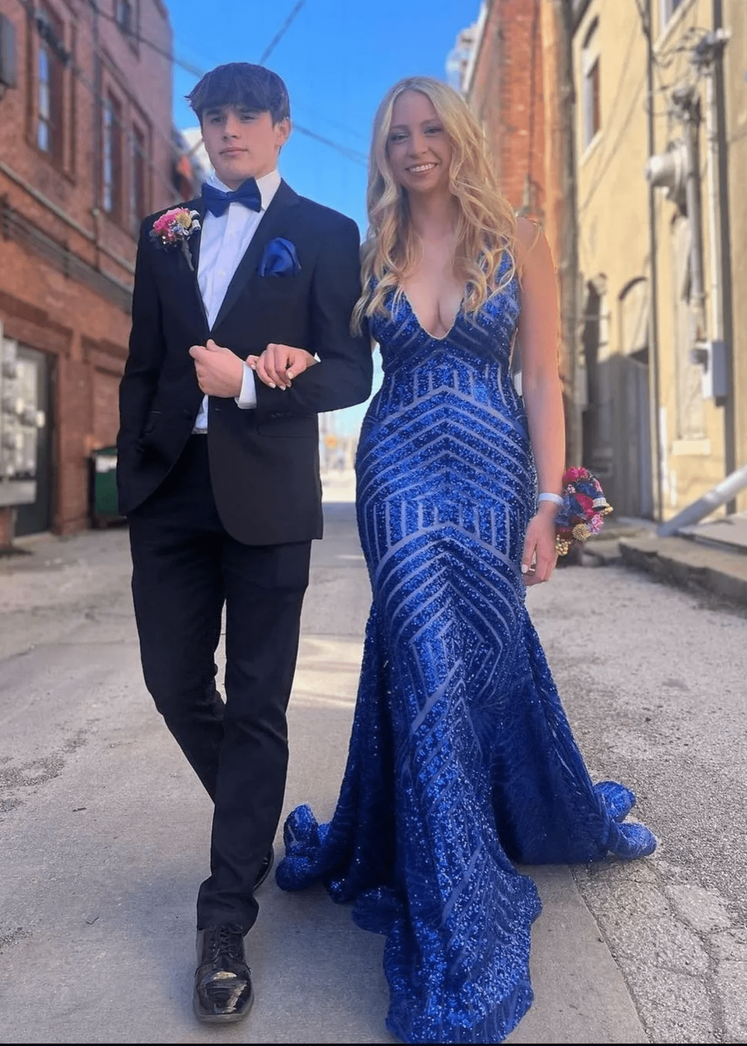 Joyce |Deep V Neck Mermaid Orange Sequins Long Prom Dress with Open Back - Blue - US0 - PromDressClub