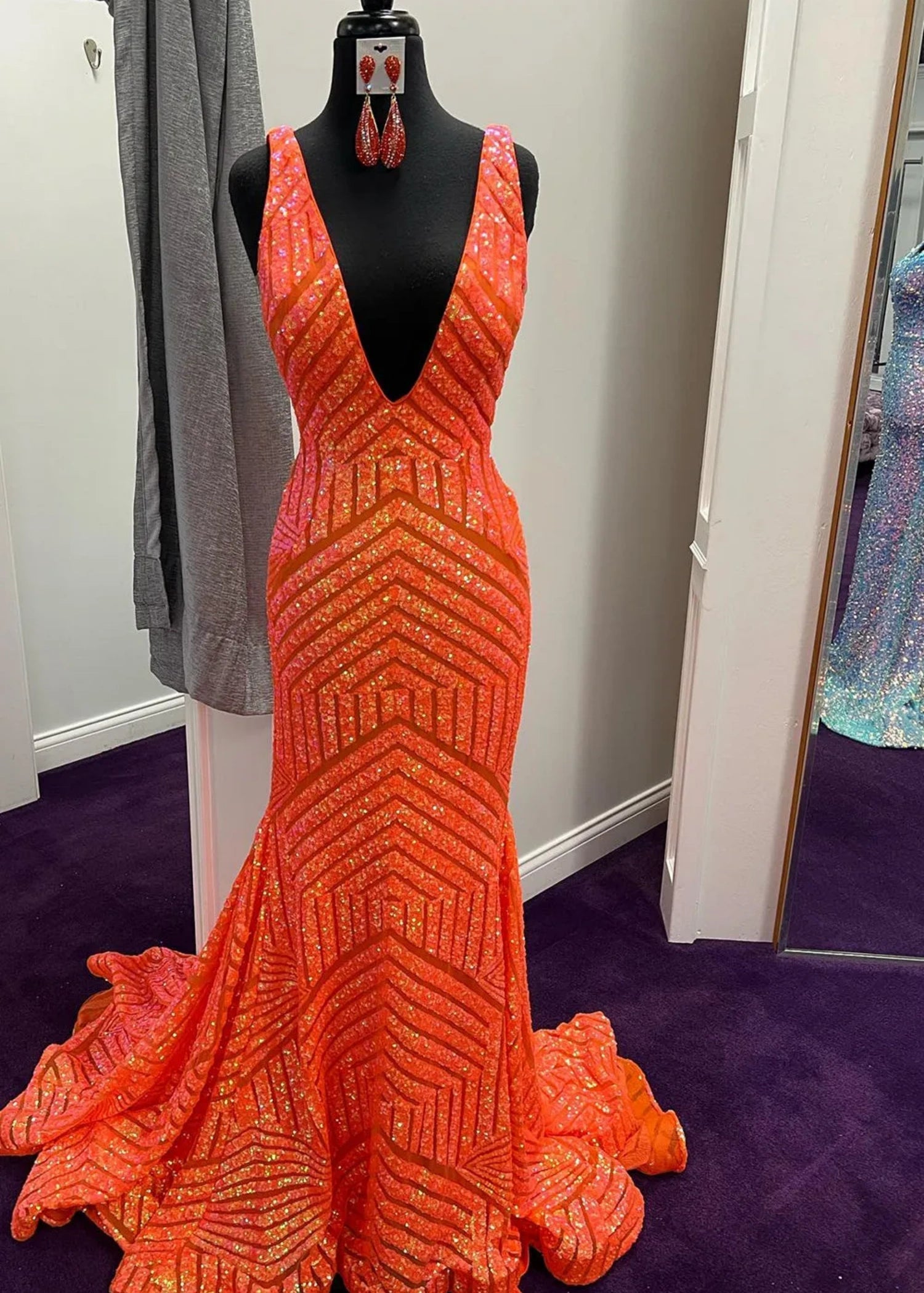 Joyce |Deep V Neck Mermaid Orange Sequins Long Prom Dress with Open Back - Orange - US0 - PromDressClub