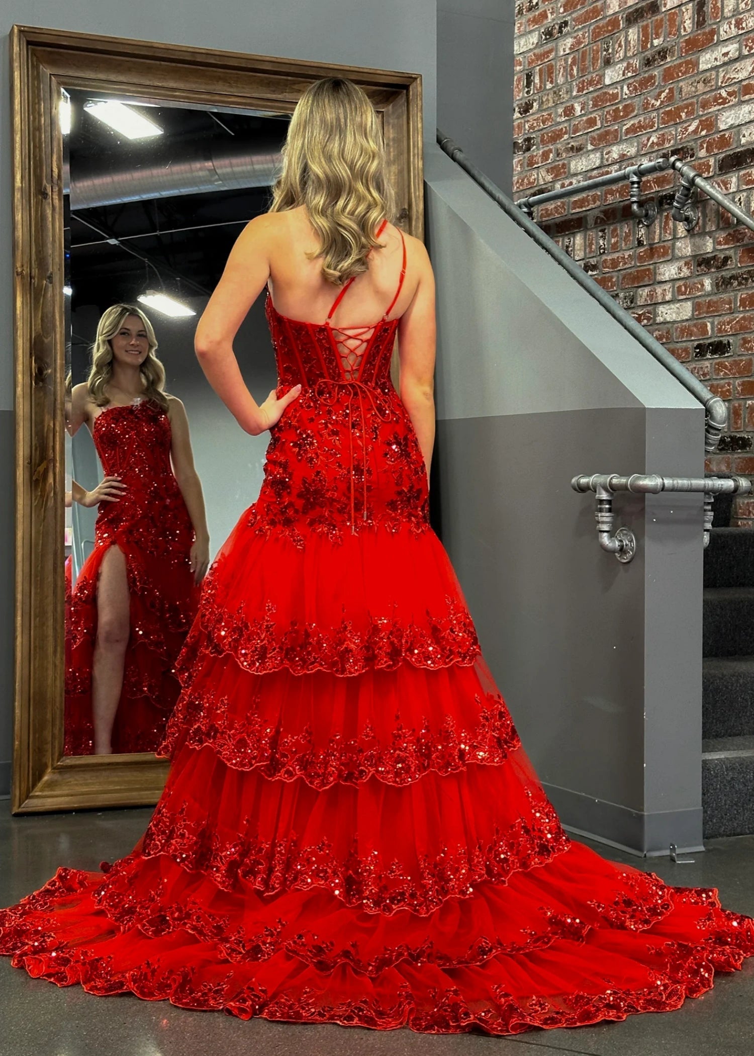 Dorothy |Mermaid One Shoulder Tiered Red Lace Long Prom Dress With Slit - Red - US0 - PromDressClub