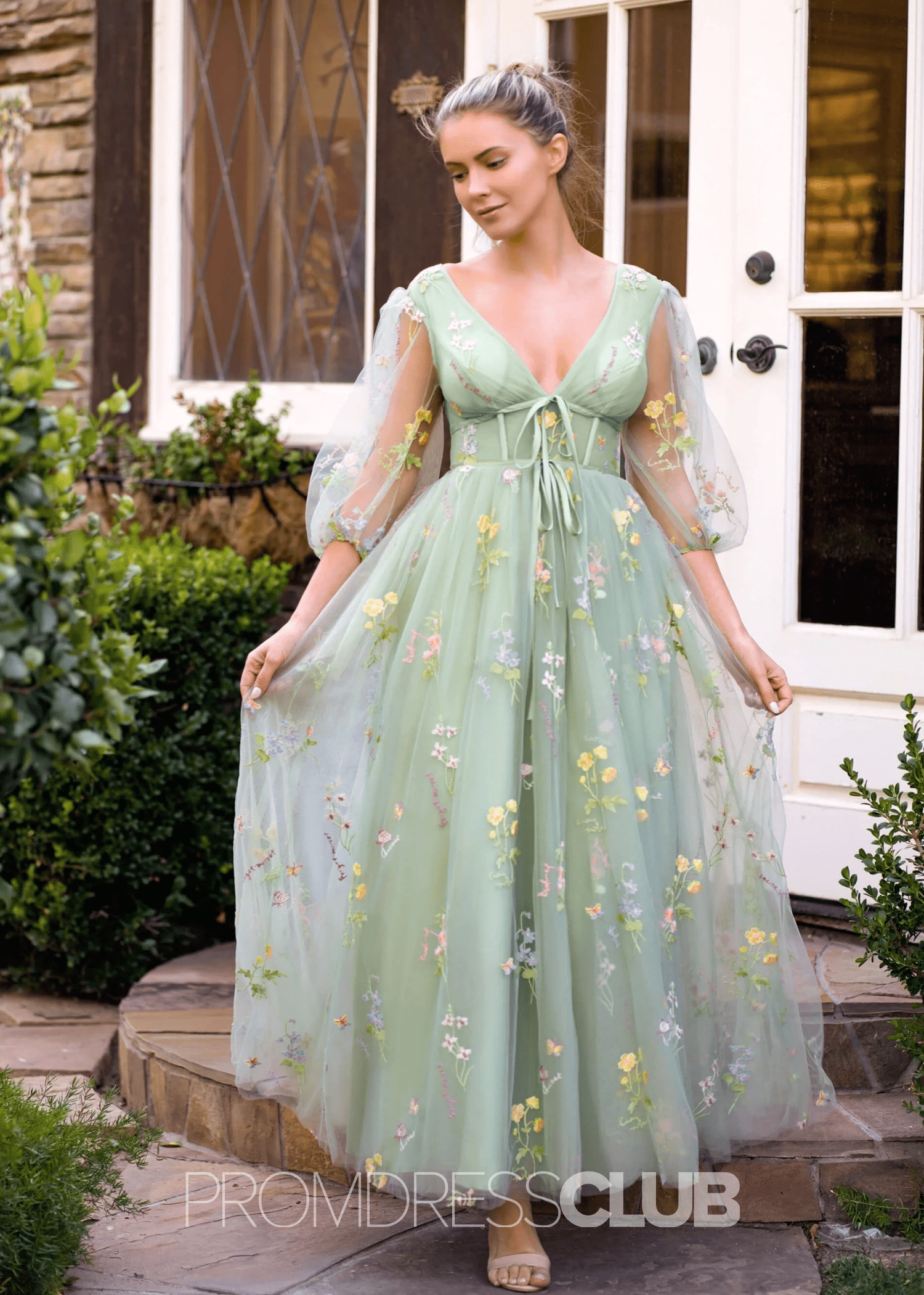 Eden |Tulle Green Prom Dress Long With A - line V - neck Embroidery Corset Floral - Green - US0 - PromDressClub