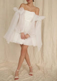 Edwina | Glamorous Puff Detachable Sleeves Straight White Tulle Mini/Short Wedding Dress with Bows - White - PROMDRESS Club